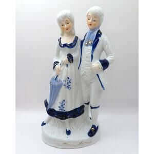 Vintage Porcelain Colonial Couple Figurine, Blue & White with Gold Trim 10" Tall